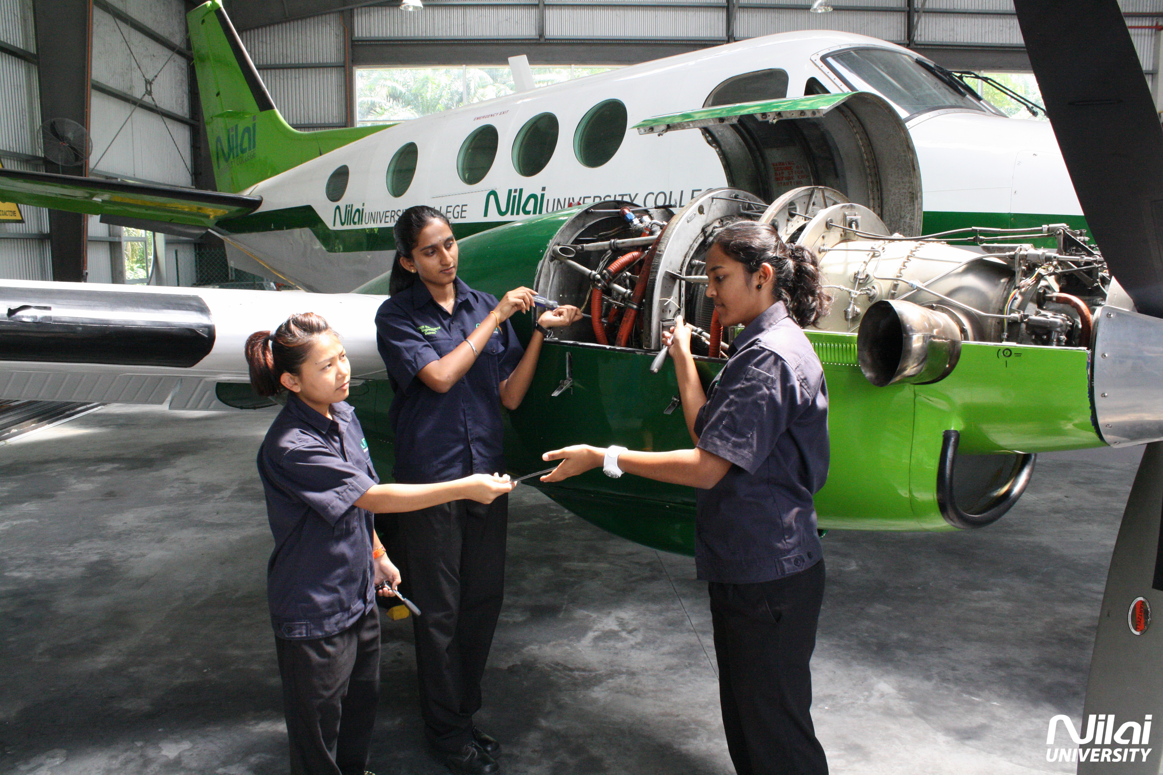 Diploma in Aircraft Maintenance students at Nilai University learn and practice on actual planes in the hangar on the university's campus.