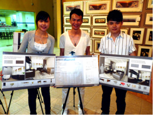 Malaysian Institute of Art (MIA) First prize winners, Low Poh Shi (left), Teng Chee Hong (left) and their lecturer, Mr. Daniel (middle), posing with their winning entry for the Creative Home Interior Design Competition 2010