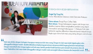 Malaysian Institute of Art (MIA) Interior Design student, Ng Yong Hui won the third prize of RM1000 cash, a trophy and a certificate at the Malaysian International Furniture Fair 2011